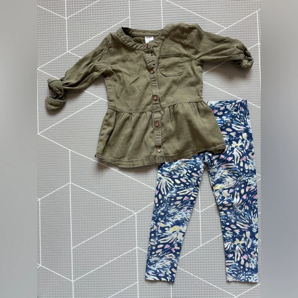 Carters|Baby girl/toddler Olive Green button down shirt and floral leggings•3T